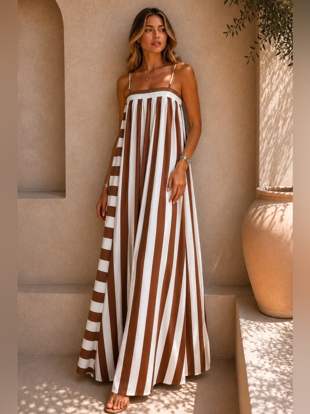 NWT Striped Brown and White Spaghetti-Strap Maxi Dress | Summer Vacation Outfit